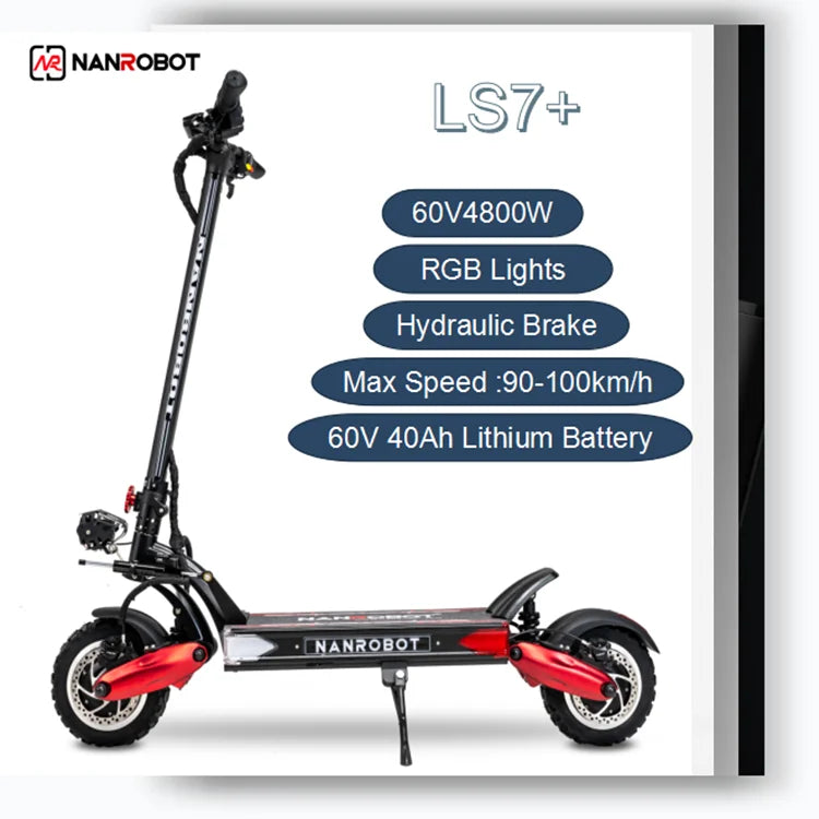 NANROBOT LS7+ Fast Electric Scooter For Adult 60V 4800W Dual Motor 11Inch Fat Off Road Tire 2 Wheels E Foldable  Scooter.