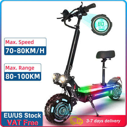 5600W Adult Electric Scooter W/Seat,Dual Motor EScooter, 3 Speed 80km/h 90kmRange,60V 27AH,11'' Heavy Duty Vacuum Off-Road Tire.