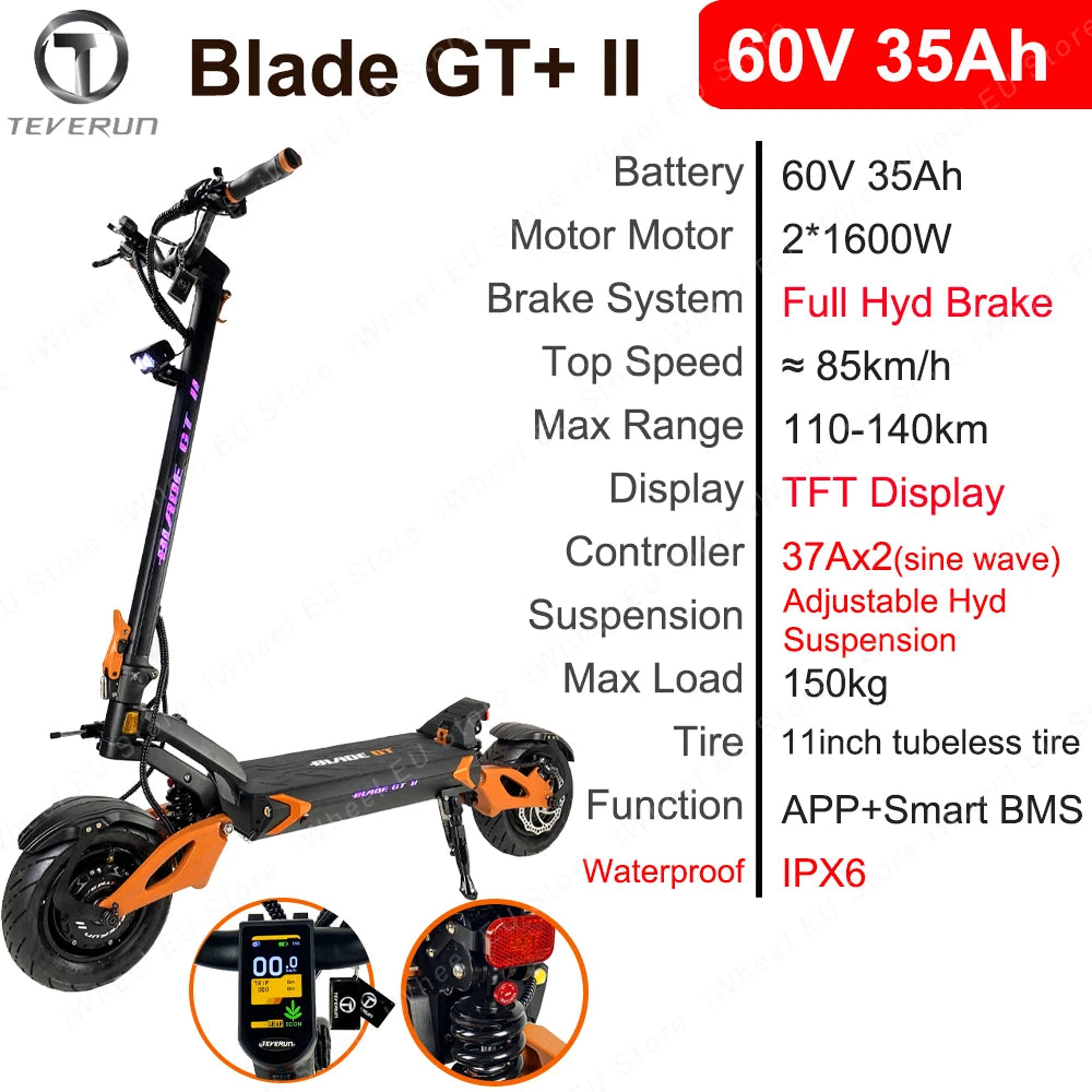 2024 Newest Original BLADE GT II 60V 26Ah Blade GT+ II 60V 35Ah TFT Display Dual Motor 1500W*2 11inch Official Blade E-Scooter.