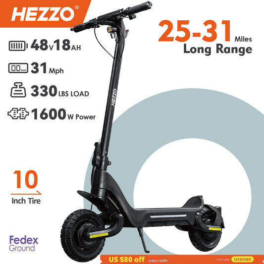 HEZZO Electric Scooter 48V 1600W Powerful Dual Motors 18Ah City Off Road F5 Escooter Oil Brake 28Mph 37 Miles Range US Warehouse.