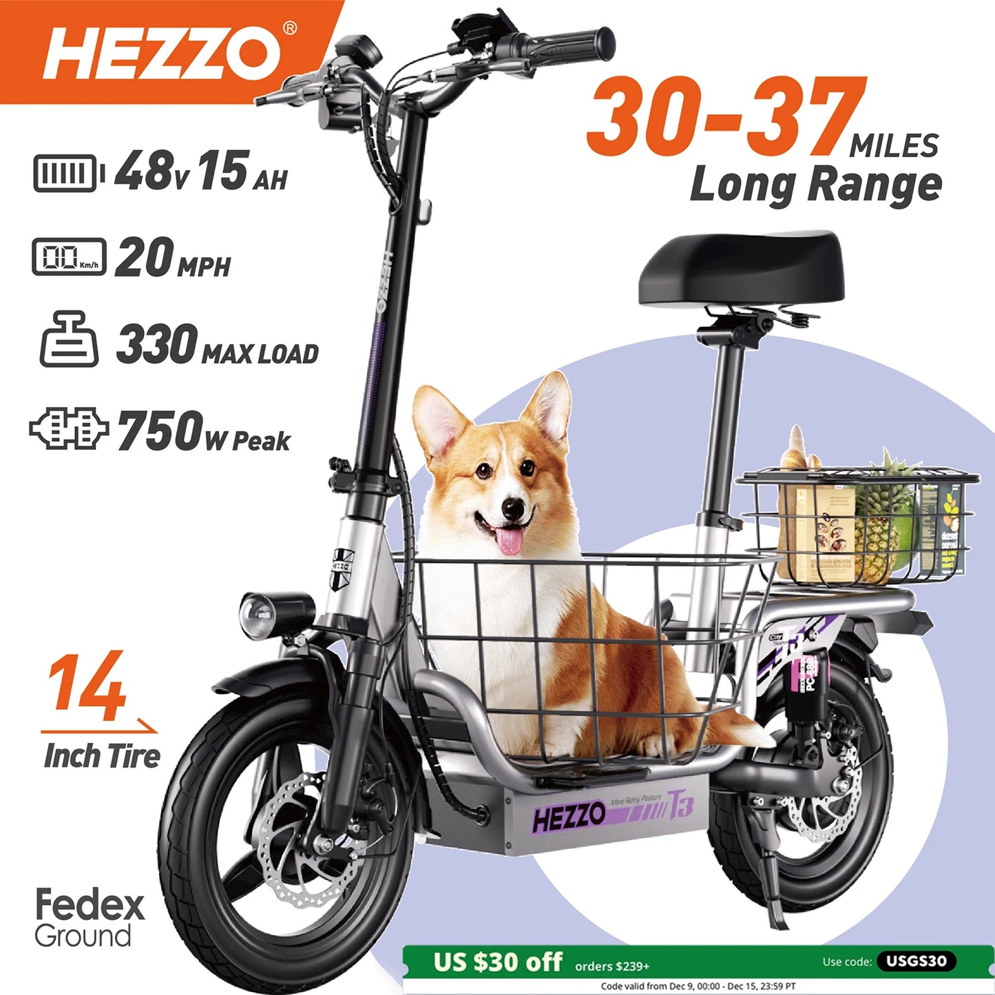 HEZZO Foldable Electric Scooter Seat & Basket 48V 15Ah 500W Full Suspension Powerful T3 Commute Escooter 20Mph 37Miles LongRange.