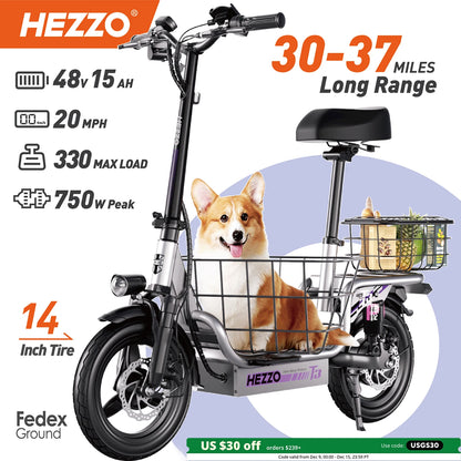 HEZZO Foldable Electric Scooter Seat & Basket 48V 15Ah 500W Full Suspension Powerful T3 Commute Escooter 20Mph 37Miles LongRange.