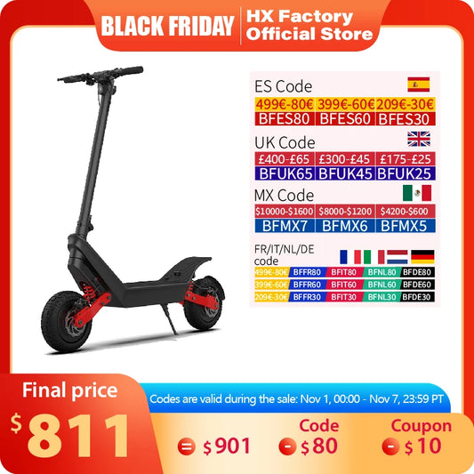 HX X10 18.2AH Powerful Electric Scooter 2000W 48V 40KM/H Foldable Electric Kick Scooter 11 Inch Escooter For Adults.