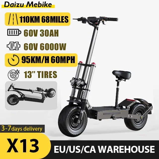 Max 100 KM/H Electric Scooter 6000W Motor for Adults 13 Inch Tire Electric Scooter Strong Dual Motor Escooters Powerful Off Road.