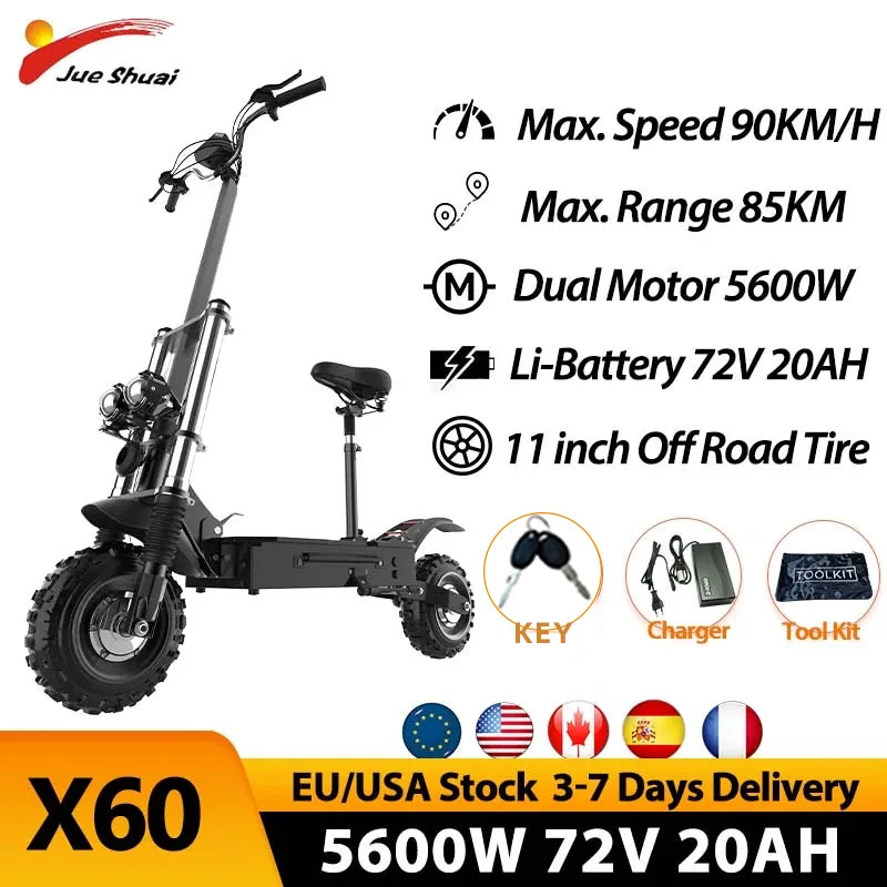 Jueshuai X60 72V 5600W Electric Scooter 90KM/H Top Speed Electric Scooters for Adults with Movable Seat Dual Motor 20Ah Battery.