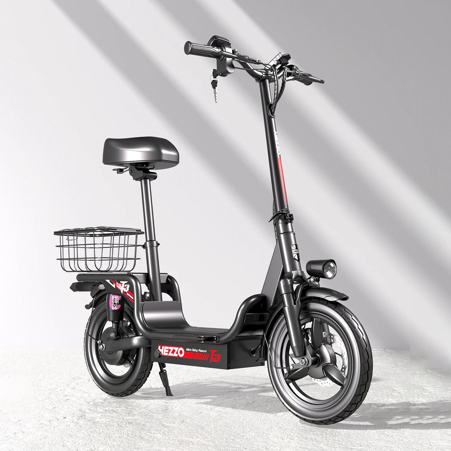 HEZZO Foldable Electric Scooter Seat & Basket 48V 15Ah 500W Full Suspension Powerful T3 Commute Escooter 20Mph 37Miles LongRange.