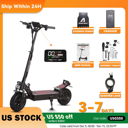 Arwibon Q30 Adult Electric Scooter 2500W Motor Top Speed 30MPH, 48V16AH, 11 Inch Off-Road Tires Sport Commuter Folding EScooter.