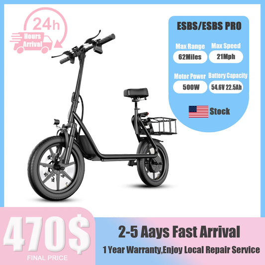 ESBS/ESBSPRO Electric Scooter 500W Motor 48V 10.4/22.5AH Battery 14Inch Tires 28Miles 21MPH With Seat Rear Basket Adult EScooter.