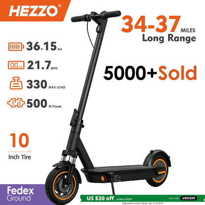 HEZZO G30 36v 500w Electric Scooter Moped 21MPH 37.5 Miles 10 Inch 15Ah Foldable Mobility Escooter Front Suspension US Warehouse.