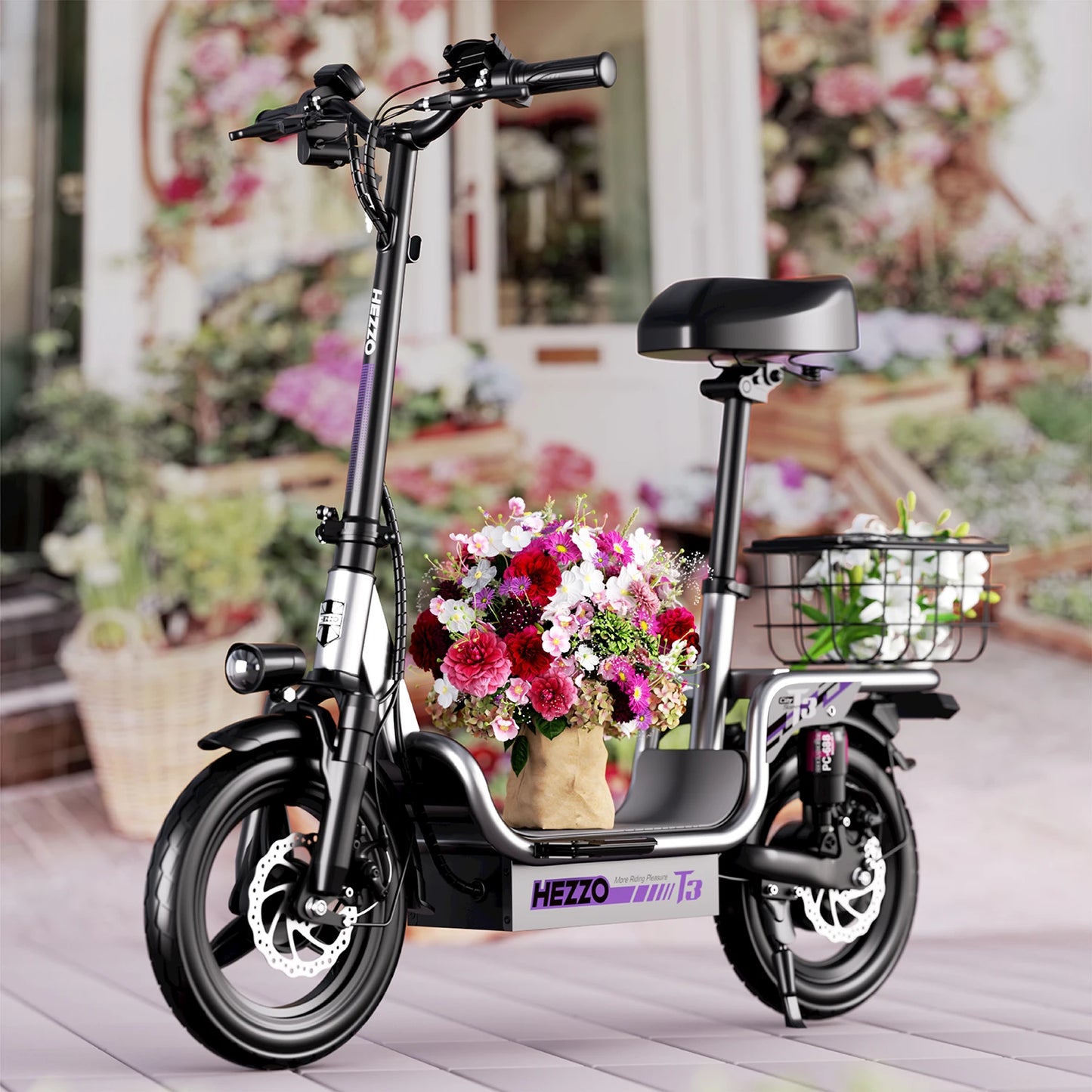 HEZZO Foldable Electric Scooter Seat & Basket 48V 15Ah 500W Full Suspension Powerful T3 Commute Escooter 20Mph 37Miles LongRange.