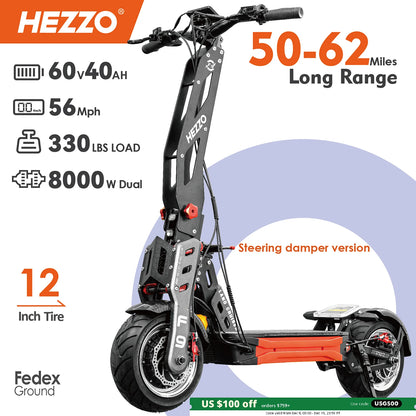 HEZZO 60v 8000w Electric Scooter F9 40ah Lithium Battery Dual Motor US Warehouse NFC Off-Road Escooter 12'' Fat Tire 62.5MPH LCD.