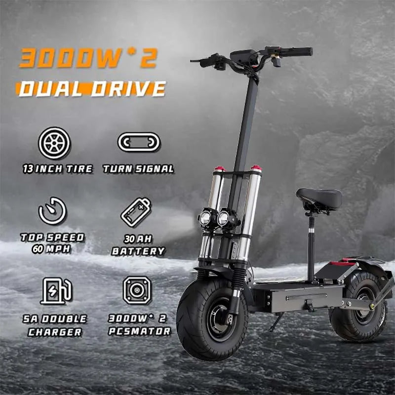 Max 100 KM/H Electric Scooter 6000W Motor for Adults 13 Inch Tire Electric Scooter Strong Dual Motor Escooters Powerful Off Road.