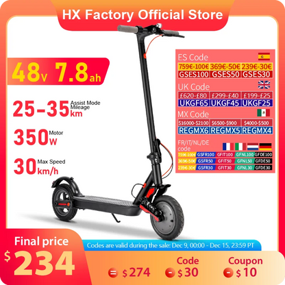 HX Adult Electric Scooter 350W 15AH 36V Electric Kick E Scooters Foldable 8.5 inch Smart APP Escooter Dual shock absorbers.