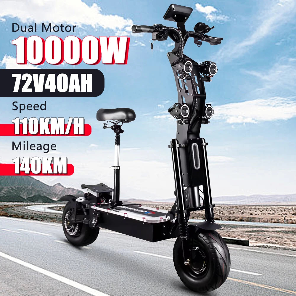 X14 10000W Dual Motor 72v40ah Battery Electric Scooter 14 Inch Tyres Max Speed 130km/h Range 120km Lcd Display Foldable Escooter.