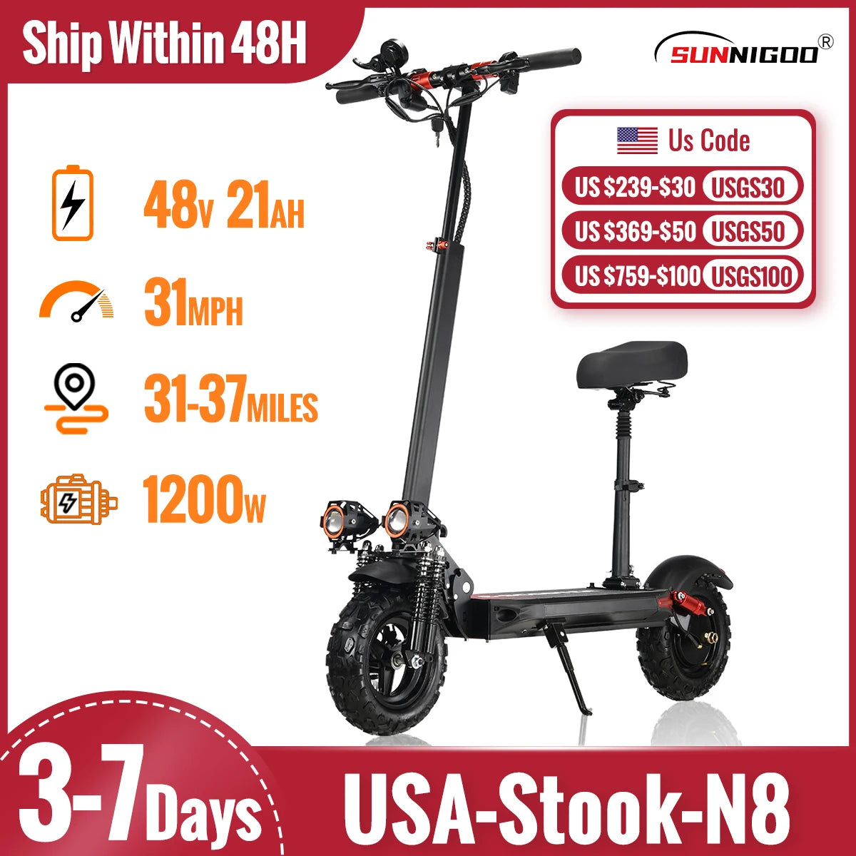 1200W Powerful Electric Scooter 48V 21Ah 31Mph 31-37Miles Range 11'' Tires Dual Shock Absorbing Folding EScooter for Adults.