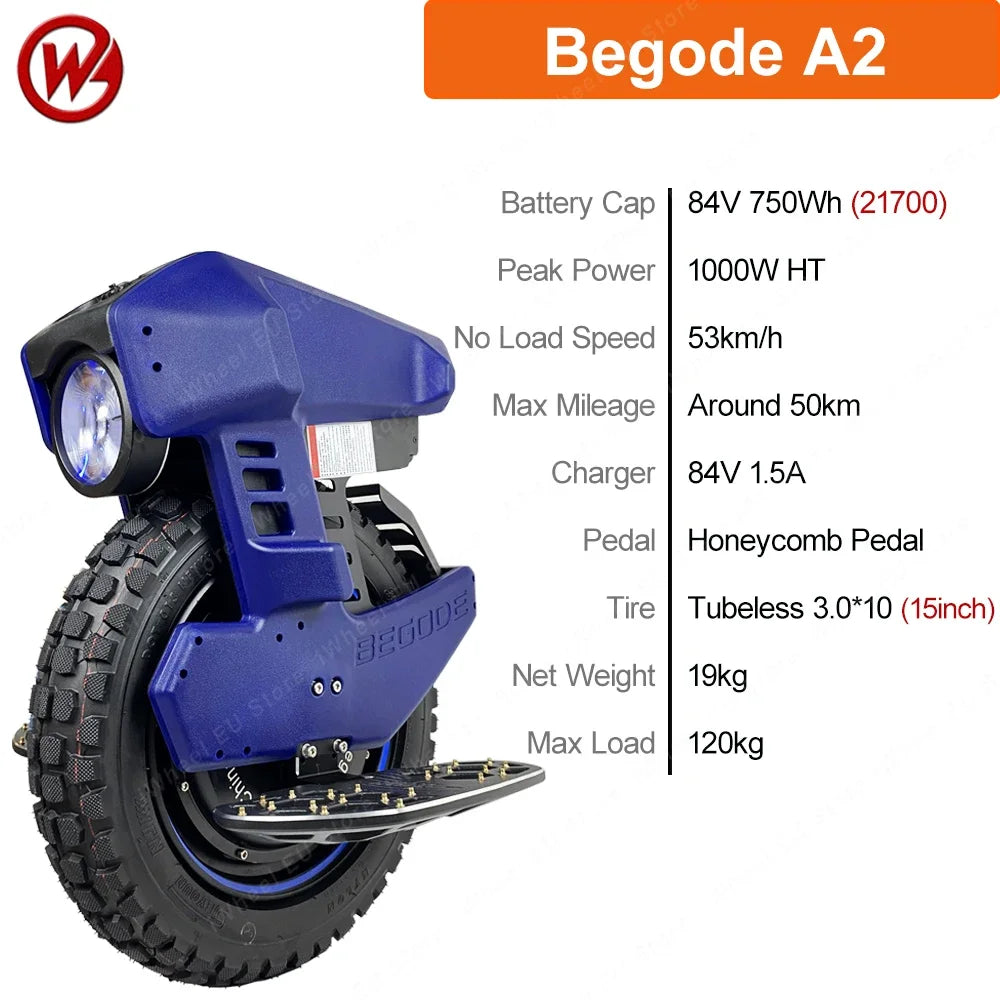 In Stock Newest Begode A2 Electric Unicycle 84V 750Wh Upgrade Aluminum Alloy Battery Case1000W Motor Max Speed 53km/h.