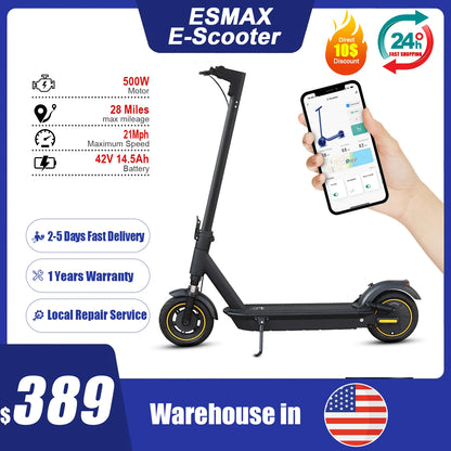 ESMAX Electric Scooter 500W Powerful Motor 21MPH Smart APP Adult Scooter 28Miles Shock Absorption Anti-skid Folding Kick Scooter.