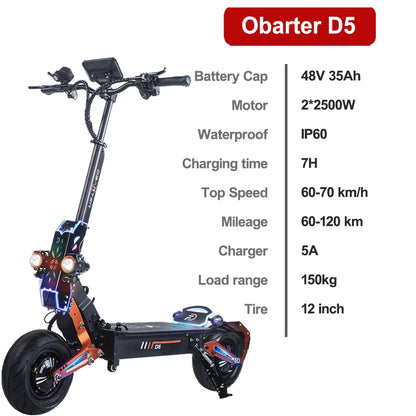 EU/USA Stock OBARTER D5 12inch 48V 35Ah Dual Motor 2*2500W Top Speed 70km/h Powerful Adult 12inch Electric Scooter.