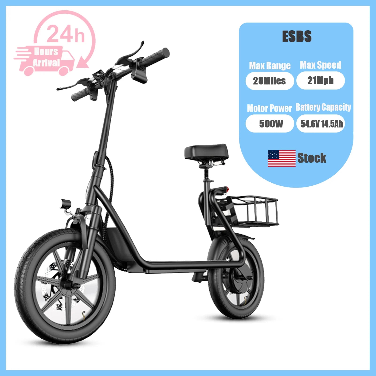 ESBS/ESBSPRO Electric Scooter 500W Motor 48V 10.4/22.5AH Battery 14Inch Tires 28Miles 21MPH With Seat Rear Basket Adult EScooter.