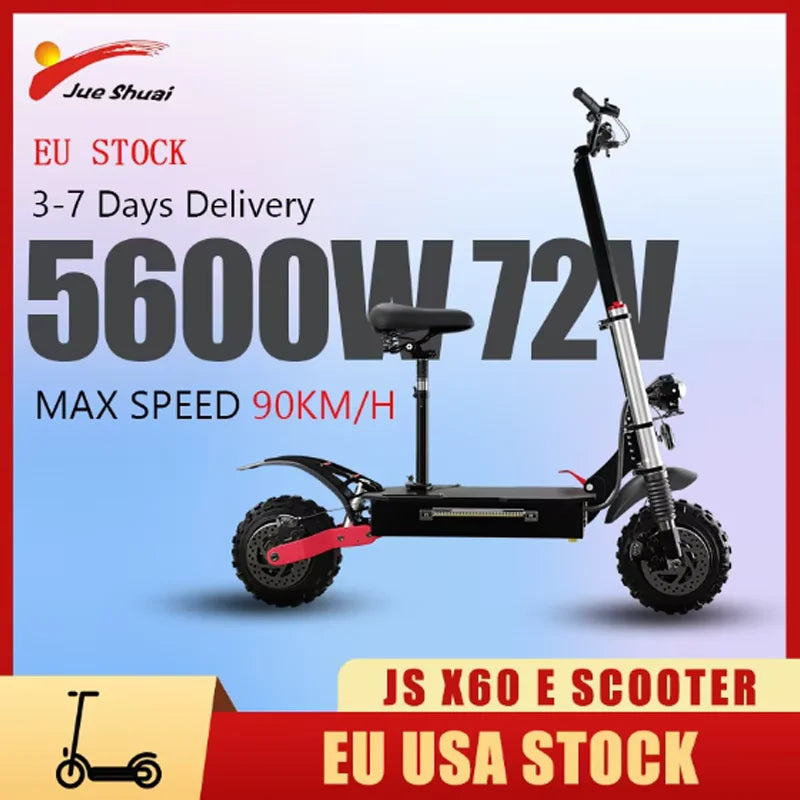 Jueshuai X60 72V 5600W Electric Scooter 90KM/H Top Speed Electric Scooters for Adults with Movable Seat Dual Motor 20Ah Battery.