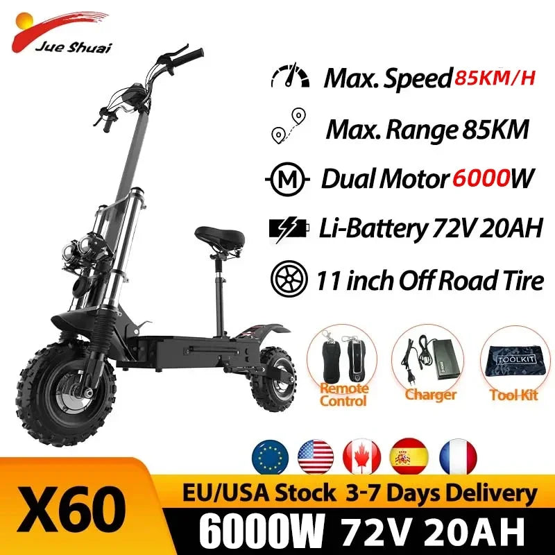 Jueshuai X60 Electric Scooter for Adults 90KM/H Speed Fast 100KM Powerful Electric Scooter Hydraulic Brake 30AH Battery Capacity.