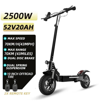 Max Speed 70KM/H Electric Scooter 2500W Single Motor Folding E Scooter 10 Inch Off-Road Tire Dual Disc Brake for Adults.